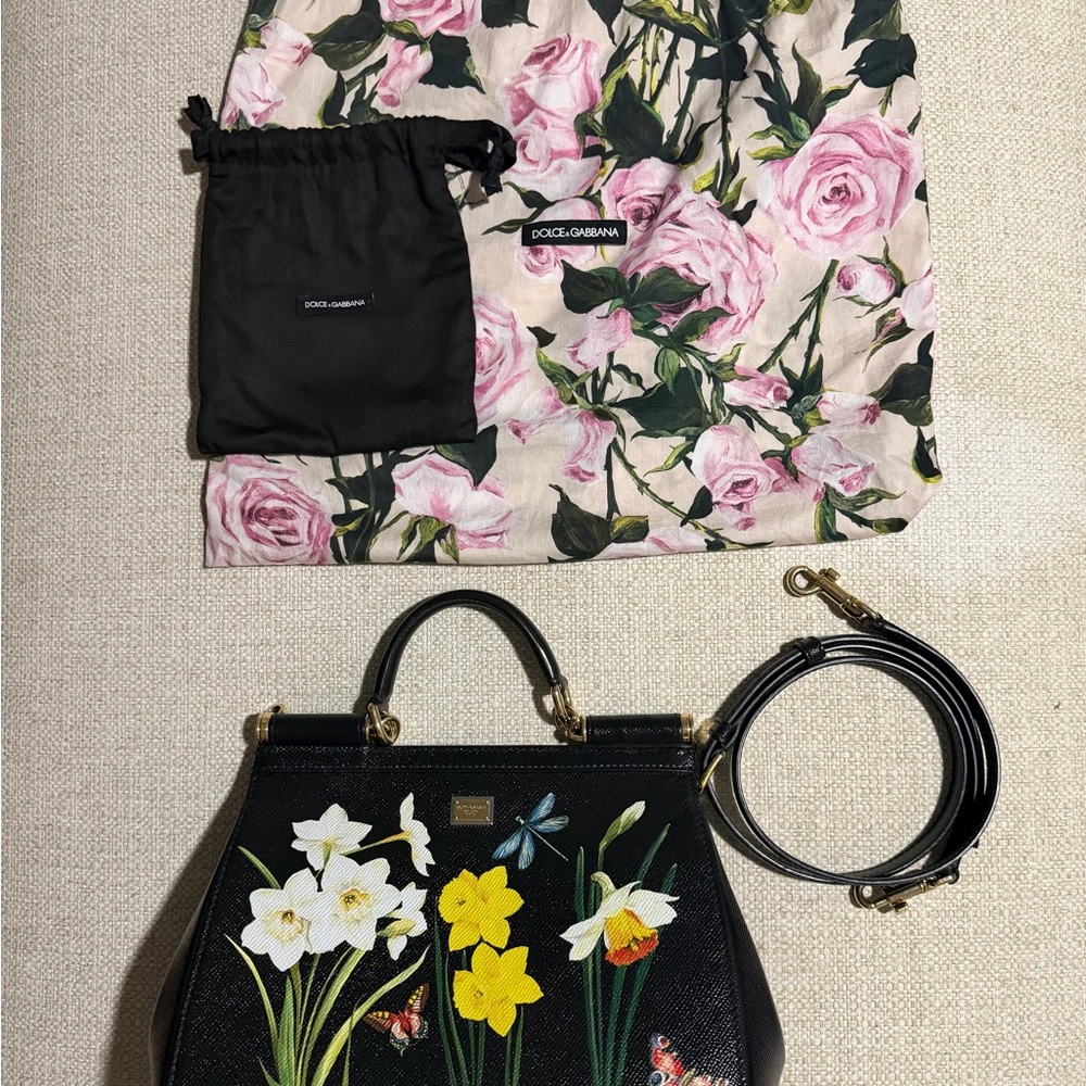 Dolce & Gabbana Black Floral-Print Leather Top Handle Satchel